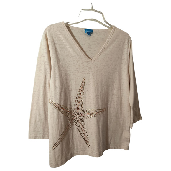 Sea Salt 3/4 Sleeve Tee Women's Size M Ivory Embellished Burnout Jersey Knit Top - Picture 5 of 11